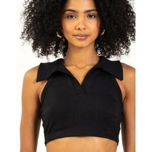 NWT LA Society Ribbed Collared Athletic Crop Top Medium Black Athleisure Tennis